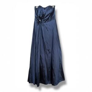 Bari Jay Size 14 Bridesmaid Dress A-Line Navy Blue Floral Rhinestone Strapless